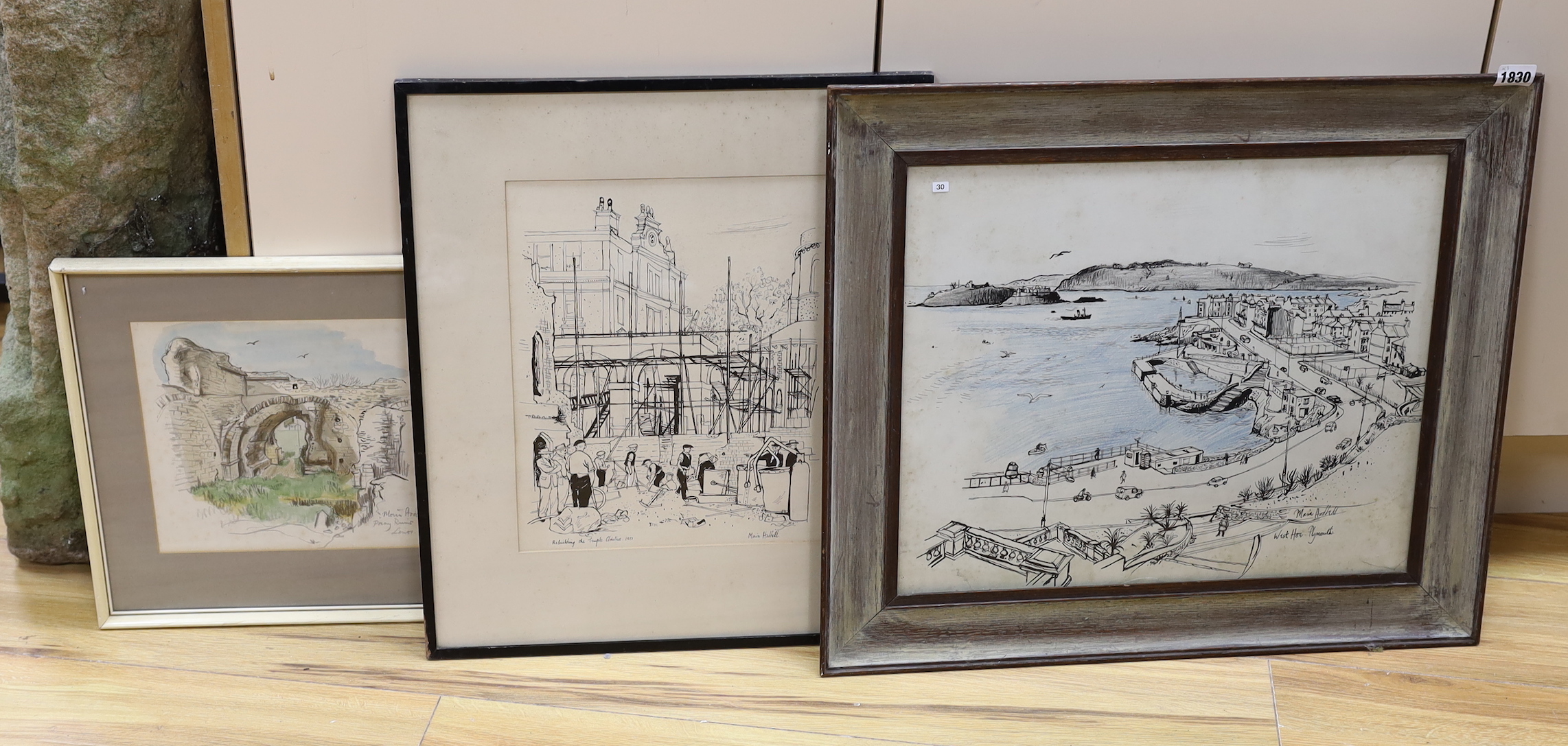 Moira Hoddell, four ink and watercolours, including Plymouth and Priory Ruins, Lewes, together with a ink sketch by the same hand, Rebuilding The Temple Cloisters, dated 1951, each signed, largest 45 x 37cm